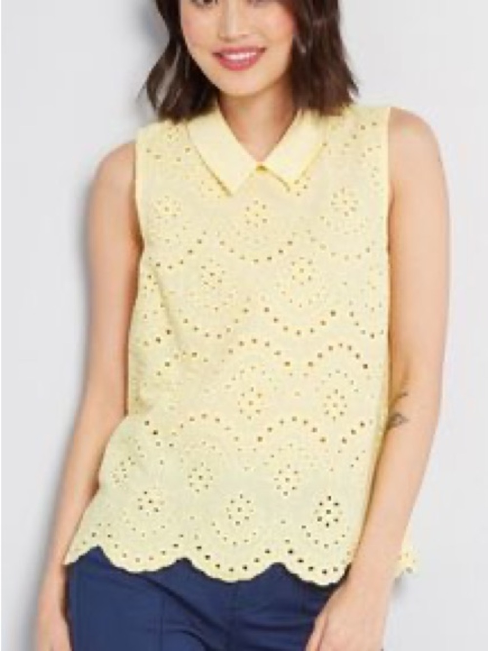 ModCloth yellow cotton eyelet sleeveless tank with collar size XS